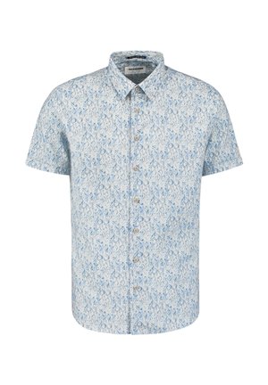Kurzärmeliges Hemd in Himmelblau mit einem wirbelnden abstrakten Muster; aus weichem Stoff mit klassischem Kragen und Holzknöpfen.