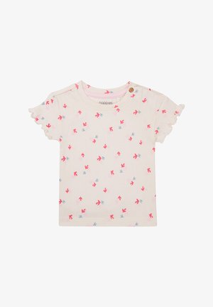 Kurzärmliges, cremefarbenes Hemd mit buntem Vogelmotiv in Pink und Blau. Rüschendetails an den ärmelsäumen und ein Knopfdetail an der linken Schulter.