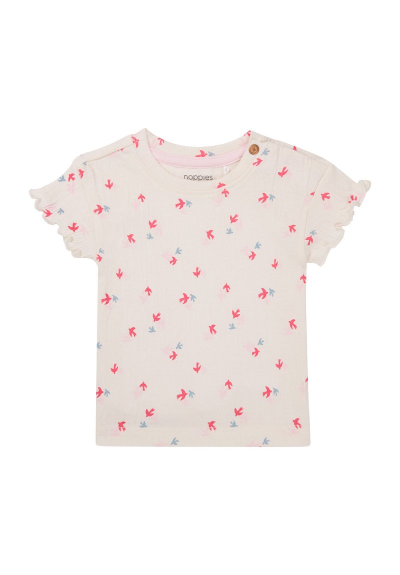 Korte mouw, crèmekleurig shirt met kleurrijke vogelprint in roze en blauw. Gerimpelde mouwranden en een knoopdetail op de linkerschouder.