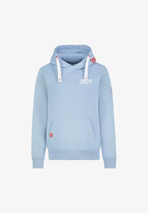 Hellblauer Kapuzenpullover aus weichem Stoff, mit Kängurutasche, Kordelzug und Logotext auf der Vorderseite. Gerippte Bündchen und Saum.