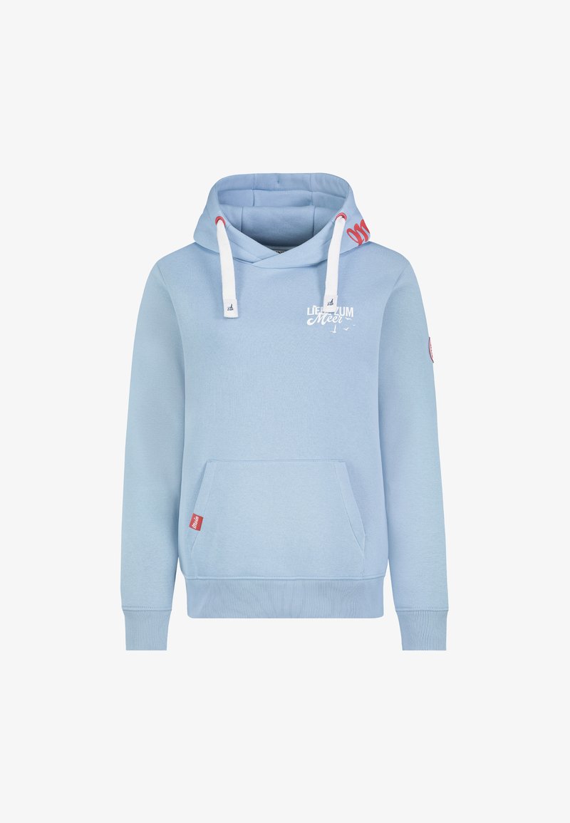 Hellblauer Kapuzenpullover aus weichem Stoff, mit Kängurutasche, Kordelzug und Logotext auf der Vorderseite. Gerippte Bündchen und Saum.