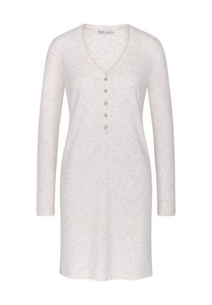 Ljust beige långärmad klänning med V-ringning och femknappslå. Mjuk textur med melerat mönster. Lätt A-linjeformad skärning.