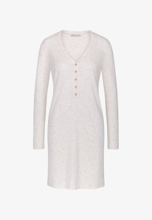 Licht beige lange mouwen jurk met een V-hals en een vijf-knopenbies. Zachte textuur met een gemêleerd patroon. Licht A-lijn snit.