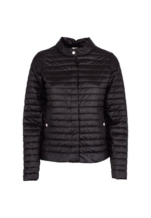 Czarna pikowana kurtka z długimi rękawami, stójką, zapięciem na zatrzaski oraz dwoma bocznymi kieszeniami na guziki.