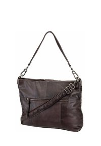 Braune Leder-Schultertasche mit verstellbarem Riemen, ausgestattet mit einer Reißverschlusstasche und einer glatten Textur, rechteckiger Form und minimaler Stichung.