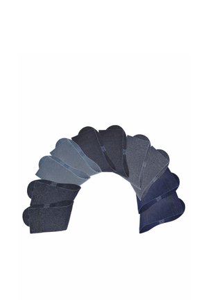Ten pairs of ankle socks in various shades of blue and gray, arranged in a curved, fanned-out formation on a white background.