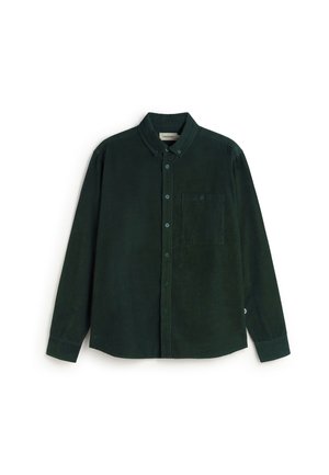 Donkergroene corduroy hemd met een knoopsluiting-kraag, lange mouwen, een borstzak en groene knopen. Gelaagd weefsel met een subtiele glans.
