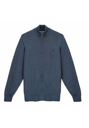 Pull bleu marine à manches longues avec fermeture éclair, col montant et petit logo brodé sur la poitrine gauche.