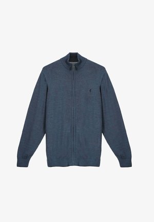 Pull bleu marine à manches longues avec fermeture éclair, col montant et petit logo brodé sur la poitrine gauche.