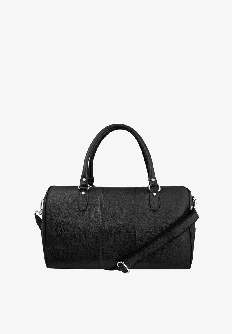 Svart läderweekendväska med texturerad yta, dubbla handtag, justerbar axelrem, silverfärgad hårdvara och distinkt sömdetalj.