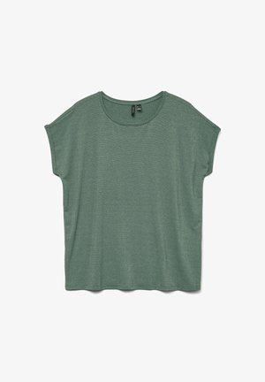 Groen, kort mouw, loszittend gebreid topje met subtiele horizontale strepen en een ronde hals, plat gelegd op een witte achtergrond.