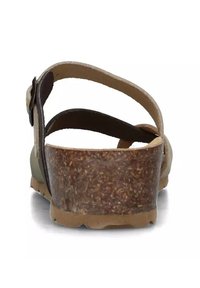 Sandalo regolabile marrone con tacco a zeppa in sughero, morbidi cinturini in pelle e una soletta testurizzata per il comfort. Vista dal retro, con due cinturini.