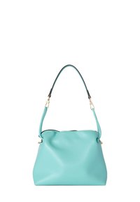 Borsa in pelle turchese con un corpo soffice, una singola maniglia curva e dettagli in hardware dorato. Texture liscia con una silhouette morbida.