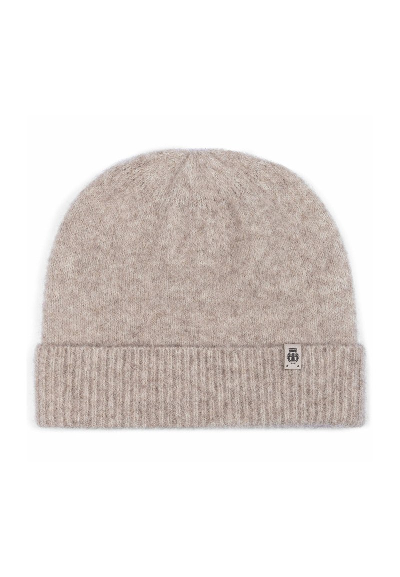 Knit beanie in light beige wool blend, featuring a ribbed cuff and a small branded tag on side, smooth texture and rounded top.