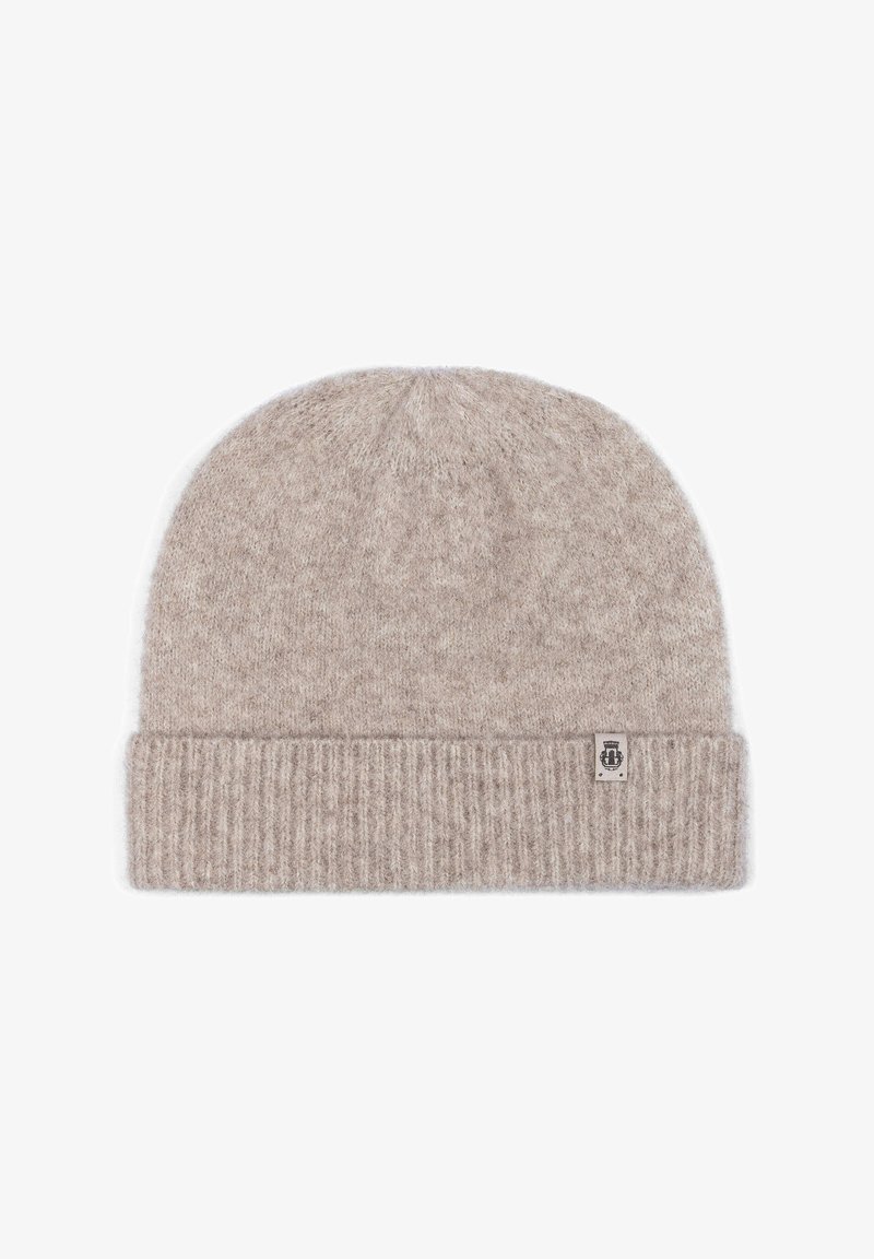 Knit beanie in light beige wool blend, featuring a ribbed cuff and a small branded tag on side, smooth texture and rounded top.