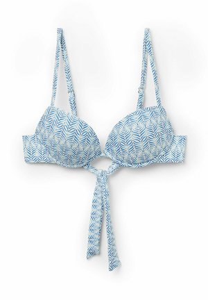 Bikini-Oberteil mit blau-weißen Blättern, gepolsterten Cups, verstellbaren Trägern und einem Front-Tie-Design. Weicher Stoff.