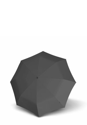 Closed black umbrella shown from above with eight panels and central button on white background.