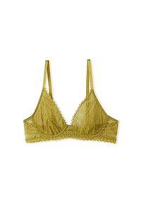 Lace bralette in olijfgroen, met een driehoekige vorm, golvende randen, verstelbare satijnen banden en details met een bloemenpatroon.