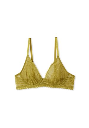 Lace bralette in olive green, featuring a triangular shape, scalloped edges, adjustable satin straps, and floral pattern details.