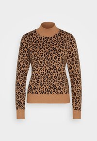Pletený svetr s rolákem, s béžovým základem a černým leopardím vzorem, se žebrovanými manžetami a lemem a přiléhavým střihem.