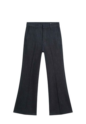 Pantaloni foderati in denim scuro con frontale piatto, due tasche laterali e una vita aderente. Il tessuto presenta una finitura liscia e texture.