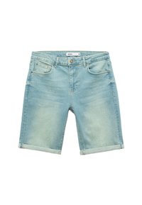 Pantalones cortos de mezclilla azul claro con dobladillos enrollados, botón frontal y cremallera, pasadores para cinturón y múltiples bolsillos, talla 32.