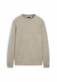 Pull en maille gris clair avec un col rond, des manches longues et une finition texturée avec de petites taches foncées réparties sur tout le tissu.