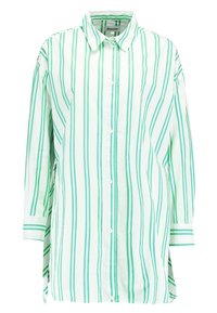 Bílá košile s dlouhým rukávem, vertikálními zelenými pruhy, zapínáním na knoflíky vpředu, límcem a manžetami, s označením "Weekday".