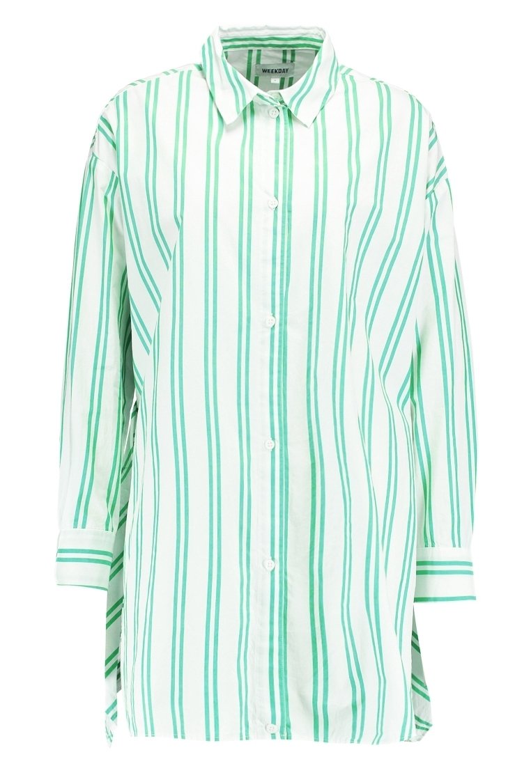 Bílá košile s dlouhým rukávem, vertikálními zelenými pruhy, zapínáním na knoflíky vpředu, límcem a manžetami, s označením "Weekday".