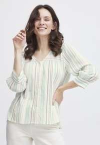 Blusa button-up rigata di un pallido giallo, con strisce verdi e viola. Tessuto morbido con una vestibilità rilassata e scollo a V. Maniche lunghe.