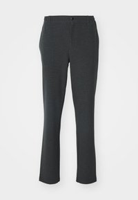Pantalon gris foncé en tissu texturé ; design à jambe droite avec un bouton à l'avant et des poches latérales discrètes.