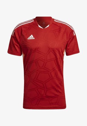 Maglietta da calcio rossa a maniche corte con un motivo geometrico in rilievo, colletto a v e tre strisce bianche sulle spalle. Realizzata in tessuto sportivo.