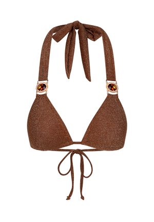 Top bikini triangolare marrone in materiale scintillante. Presenta lacci regolabili al collo e hardware decorativo con un accento in gemma ambra.