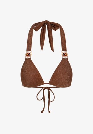 Braunes dreieckiges Bikini-Oberteil aus schimmerndem Material. Verfügt über verstellbare Halterneck-Bänder und dekorative Beschläge mit einem bernsteinfarbenen Edelsteinakzent.