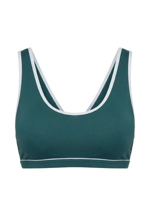 Tmavě zelená sportovní podprsenka s bílým lemováním podél ramínek a spodního okraje, s kulatým výstřihem a širokými ramínky.