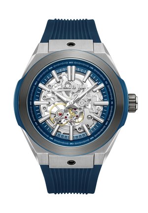 Reloj Cerruti 1881 con caja de acero inoxidable, correa de goma azul, esfera esqueletada transparente, detalles en plata y oro, marcadores de hora destacados.