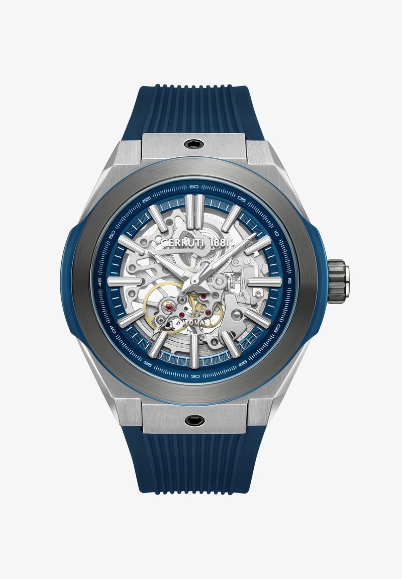 Cerruti 1881-klocka med boett i rostfritt stål, blå gummirem, genomskinlig skeletttavla, detaljer i silver och guld, djärva timmarkörer.