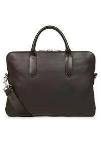 Valigetta in pelle nera con superficie testurizzata. Presenta doppi manici, una tracolla rimovibile e una chiusura a zip per una conservazione sicura.