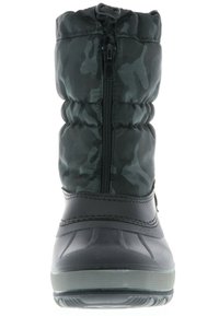 Gevoerde zwarte camouflage winterlaarzen met een voorkeursrits, rubberen zool en een gestructureerde bovenkant voor isolatie en comfort.