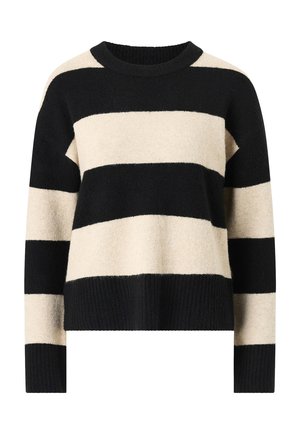 Jersey de punto con rayas horizontales anchas en negro y beige, con mangas largas y escote redondo.