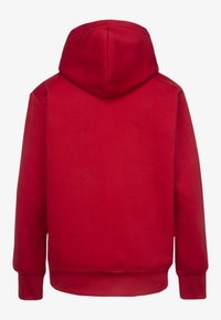 Roter Hoodie mit glatter Textur, ausgestattet mit einer Kapuze, langen Ärmeln und einem schlichten Rücken ohne Muster oder Akzente.