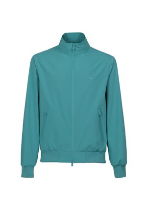Lichtgewicht teal jack met een hoge kraag, rits sluiting en elastische manchetten. Bevat twee zijzakken en minimalistische ontwerpdetails.