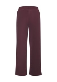Burgundijas platleņķa bikses, izgatavotas no gludas auduma, ar elastīgu jostu un bez redzamām kabatām vai rakstiem. Vienkāršs, elegants dizains.