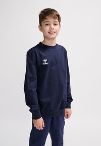 Felpa blu navy in cotone con collo rotondo, maniche lunghe e logo ricamato sul lato sinistro del petto. Texture liscia, vestibilità comoda.