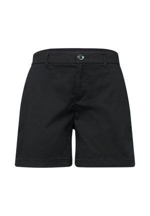 Schwarze maßgeschneiderte Shorts mit Knopfverschluss und Gürtelschlaufen, Vorderansicht vor weißem Hintergrund.