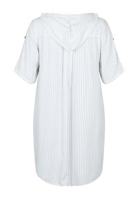 Tunique à capuche rayée bleu clair et blanc, dotée de manches courtes et d'une coupe décontractée. Conçue avec une couture centrale dans le dos et des boutons décoratifs.