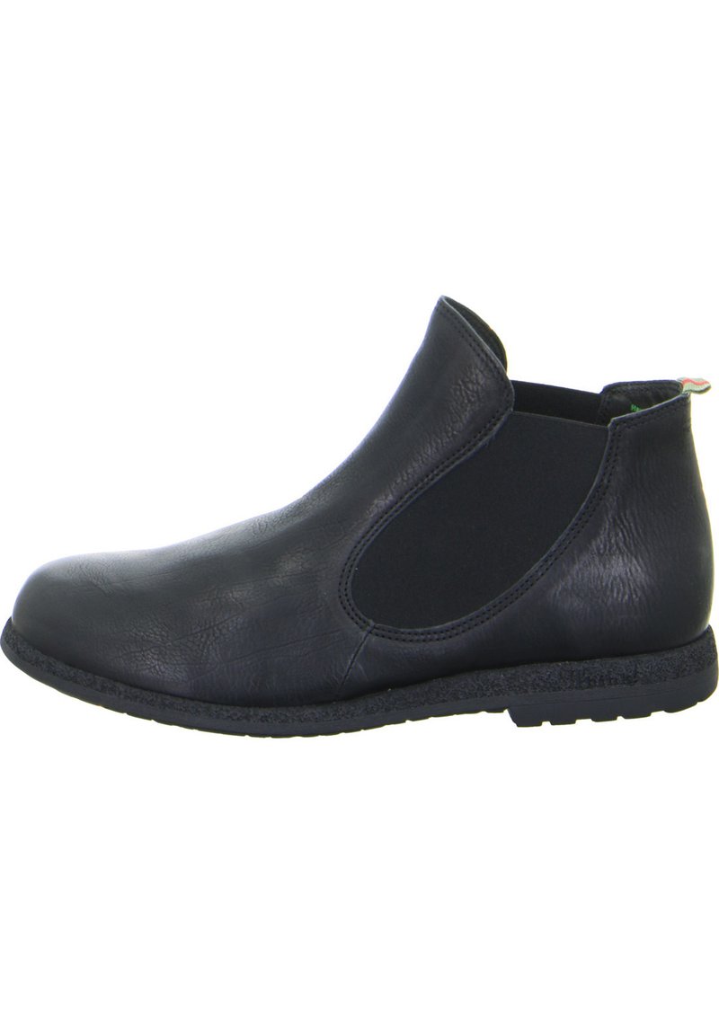 Stivaletto nero in pelle con pannelli laterali elastici, punta rotonda, superficie testurizzata e suola in gomma. Design minimalista.