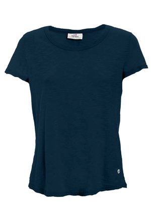 Marineblaues kurzärmeliges T-Shirt aus weichem Stoff, mit rundem Ausschnitt, leichten Saumvariation und kleinem Logo am unteren Rand.