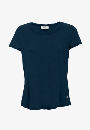 Marineblaues kurzärmeliges T-Shirt aus weichem Stoff, mit rundem Ausschnitt, leichten Saumvariation und kleinem Logo am unteren Rand.