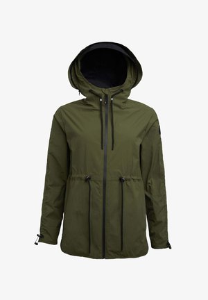 Olivegrüne, leichte Jacke mit Reißverschluss vorne, Kordelzug in der Taille und Kapuze. Mit schwarzen Akzenten und verstellbaren Manschetten.